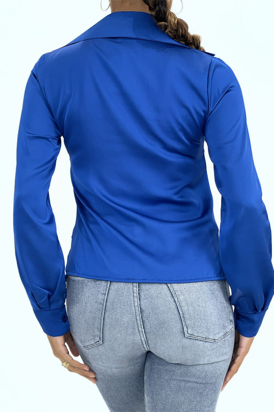 Royal blue satin pleated shirt - 3