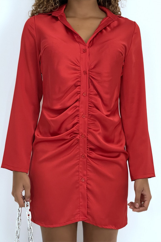 Robe chemise froncée satinée rouge - 1