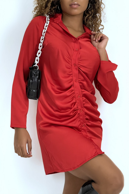 Robe chemise froncée satinée rouge - 3