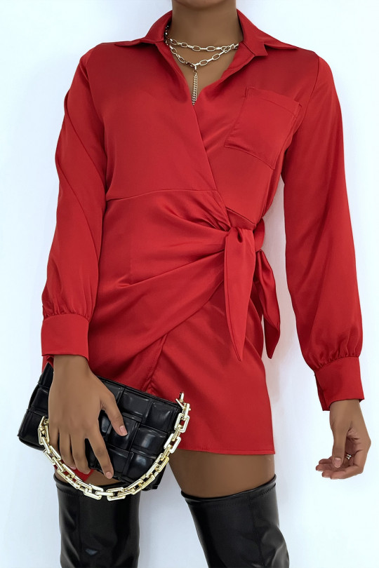 Red satin wrap shirt dress - 3