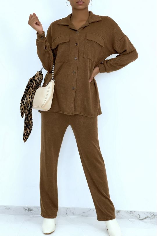 Comfort set shirt en zachte broek camel kleur - 1