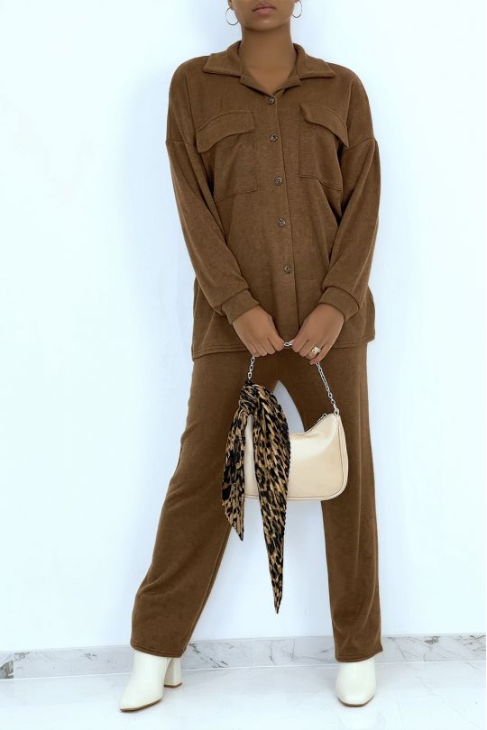 Ensemble confort chemise et pantalon doux couleur camel - 2