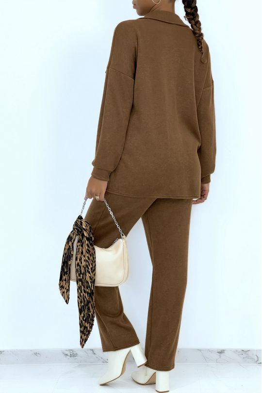 Ensemble confort chemise et pantalon doux couleur camel - 4