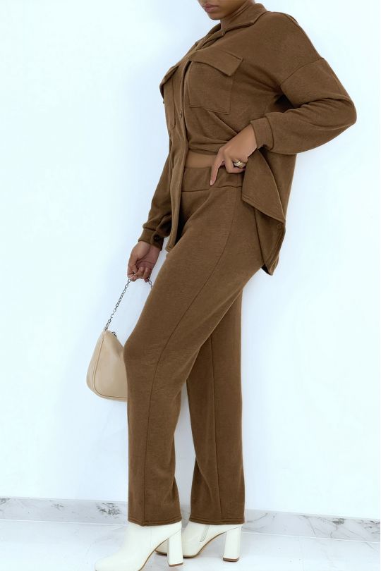 Comfort set shirt en zachte broek camel kleur - 6