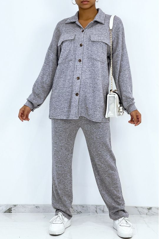 Ensemble confort chemise et pantalon doux gris - 2