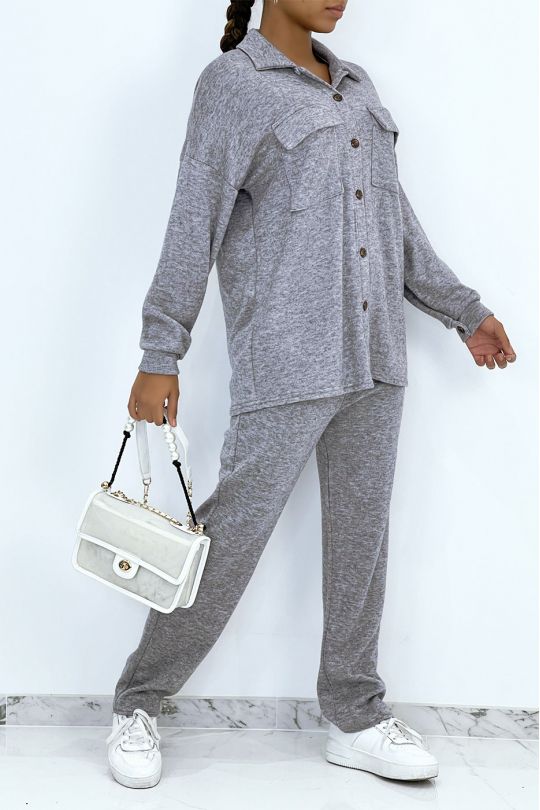 Ensemble confort chemise et pantalon doux gris - 4