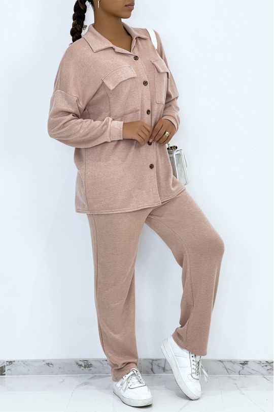 Ensemble confort chemise et pantalon doux couleur rose - 3