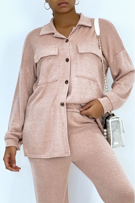 Ensemble confort chemise et pantalon doux couleur rose - 5