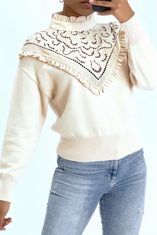 Pull très chic beige à manches longues et col montant ajouré - 1