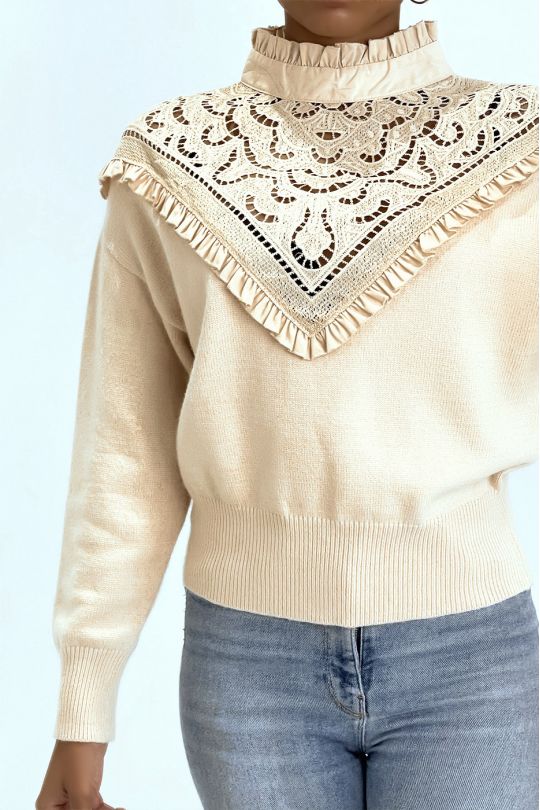 Pull très chic beige à manches longues et col montant ajouré - 3