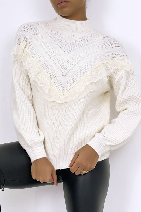 Beige sweater with V pattern and ruffle details - 2