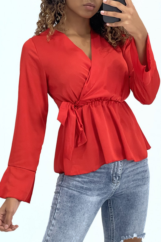 Satin wrap blouse in red with bow - 1