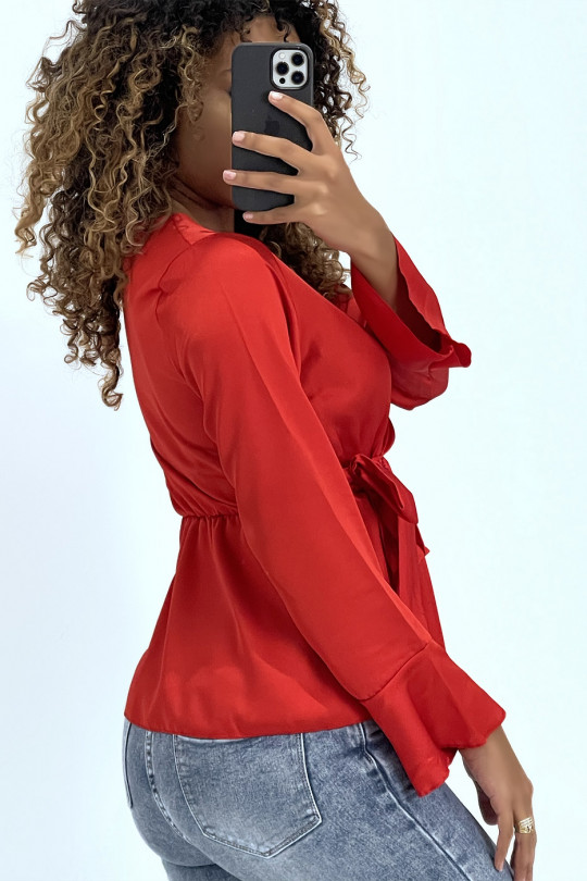 Satin wrap blouse in red with bow - 2