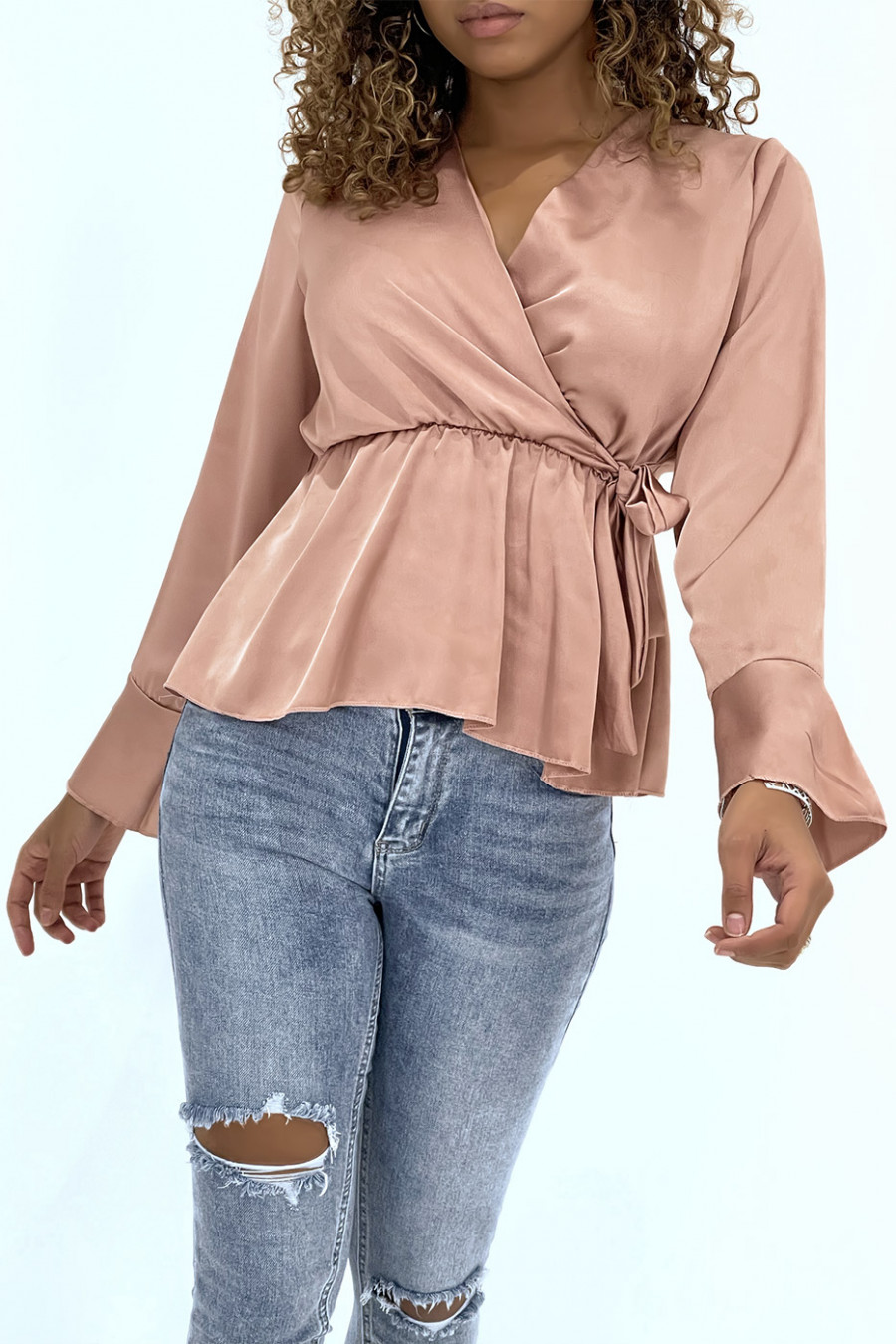 Satin wrap blouse in pink with bow
