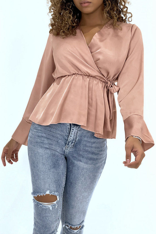 Satin wrap blouse in pink with bow - 2