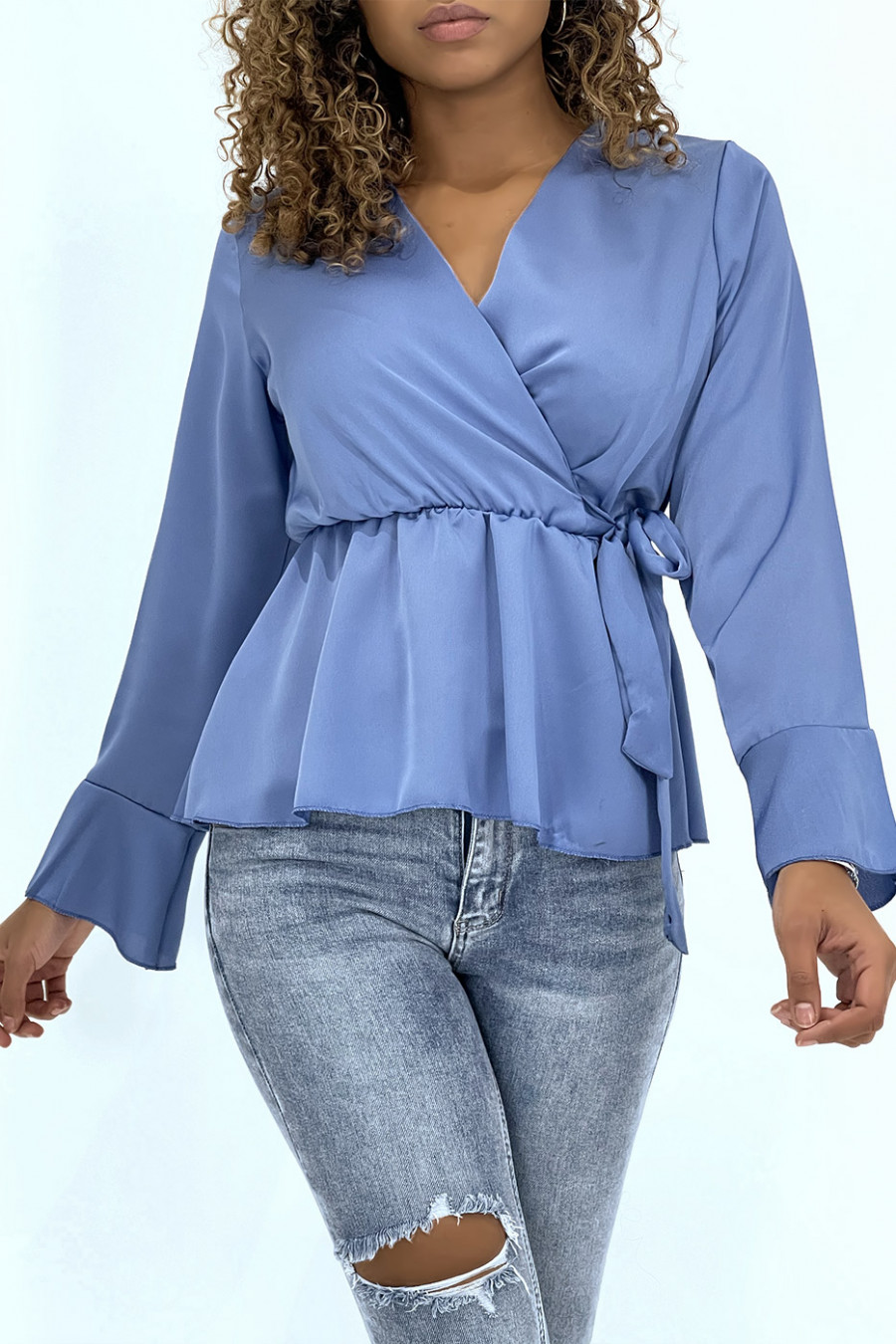 Blue satin wrap blouse with bow
