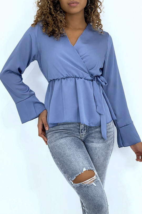 Blue satin wrap blouse with bow - 2
