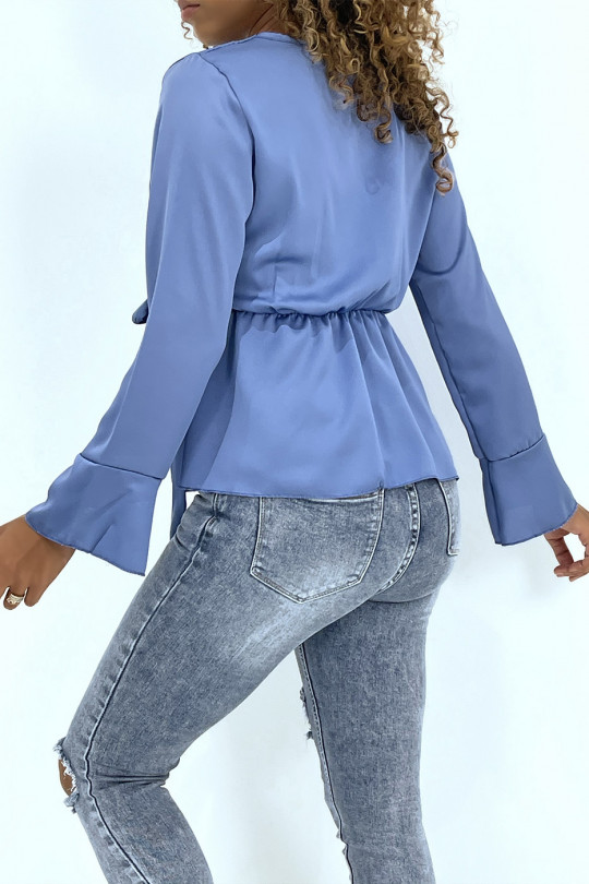 Blue satin wrap blouse with bow - 4