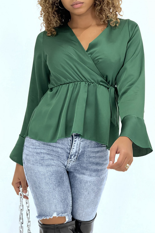 Satin wrap blouse in khaki with bow - 4