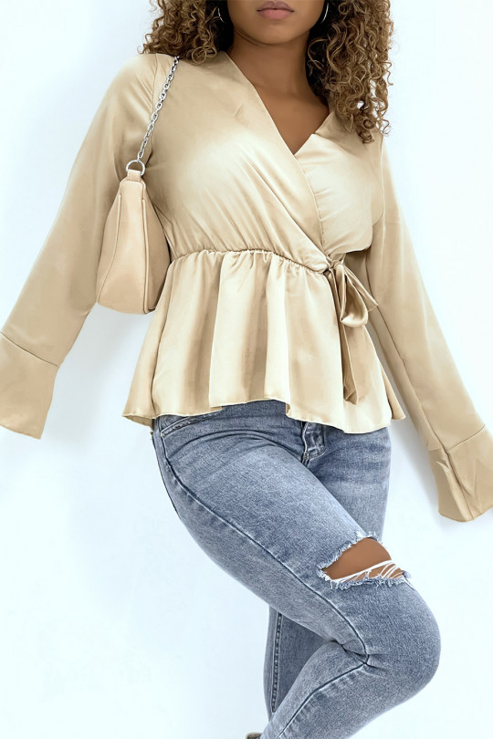 Satin wrap blouse in beige with bow - 1