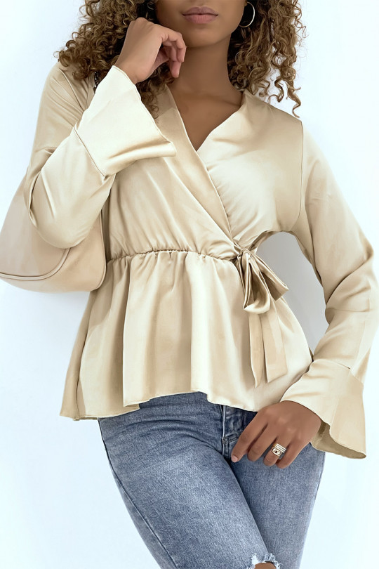 Satin wrap blouse in beige with bow - 3