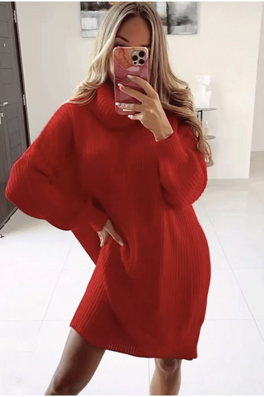 Large red knit turtleneck sweater dress with puffed sleeves. - 1