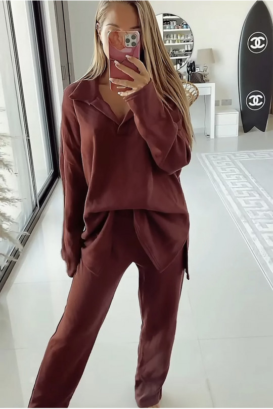 Tunic and oversized pants set in burgundy - 1