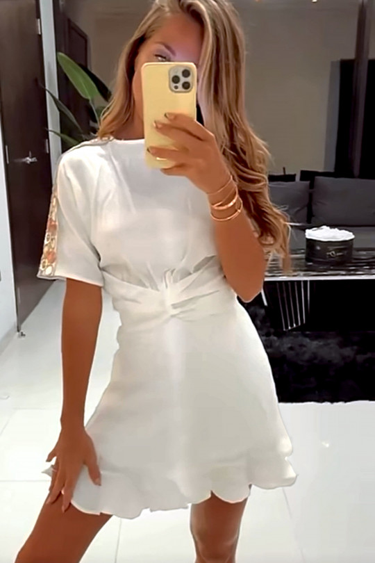 White skater dress with gold and colored yoke on the arms and open back - 1