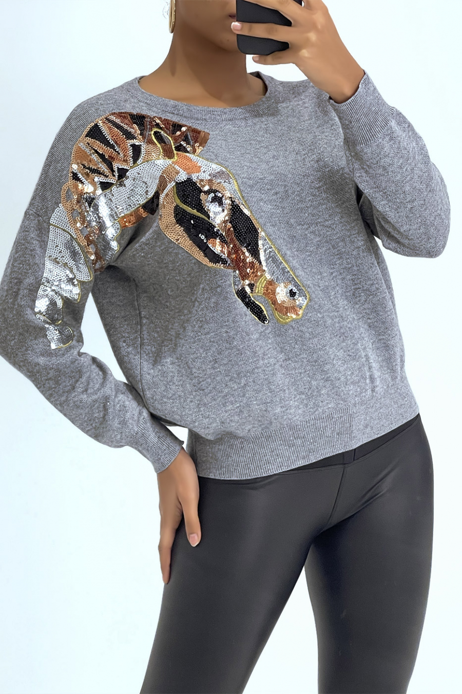 Pull gris à motif cheval en sequins - 2