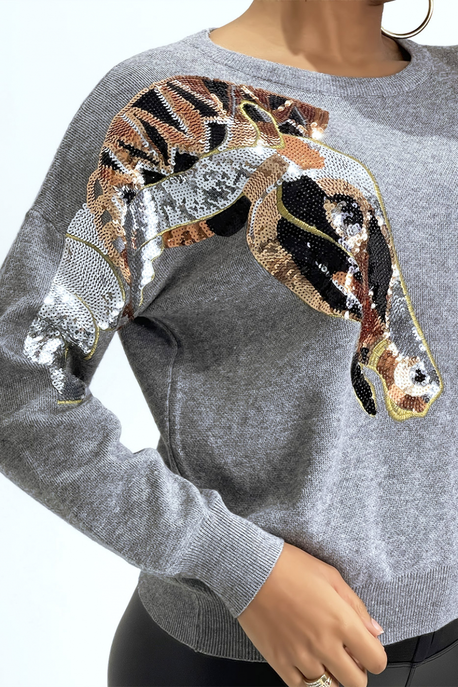 Pull gris à motif cheval en sequins - 3