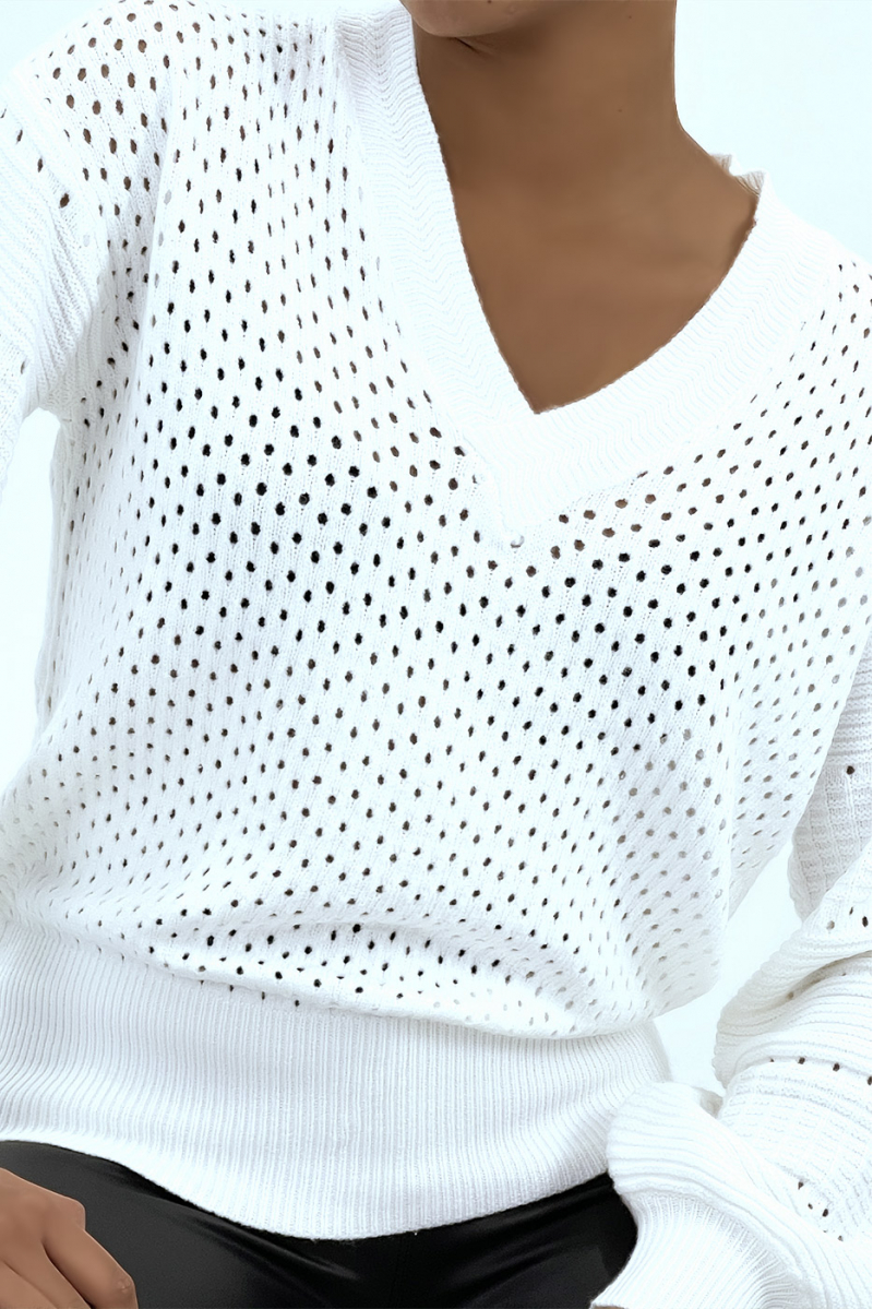 White fully openwork V-neck sweater with puffed sleeves - 1