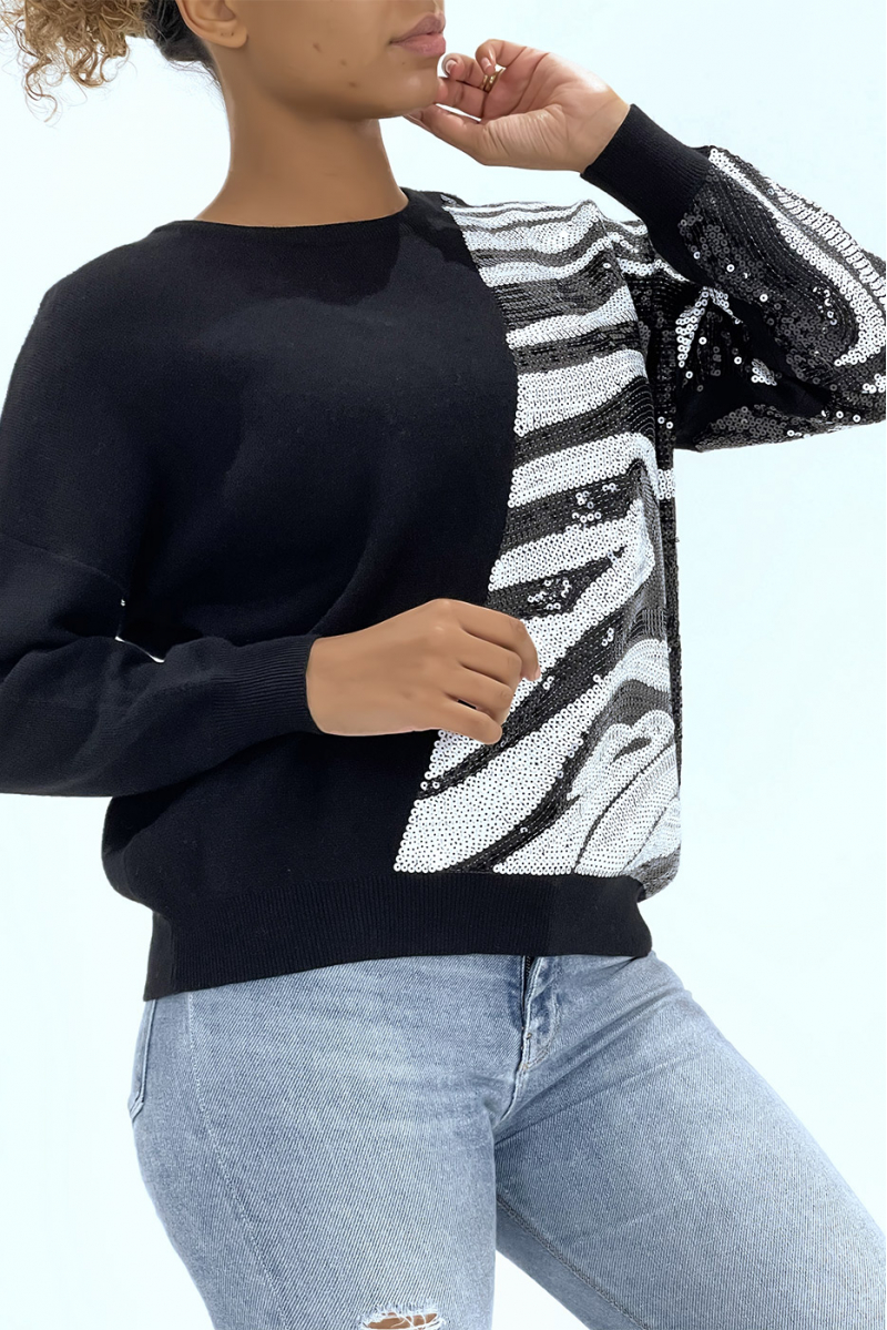 Zwarte gezwollen trui met zebrapatroon in pailletten - 1