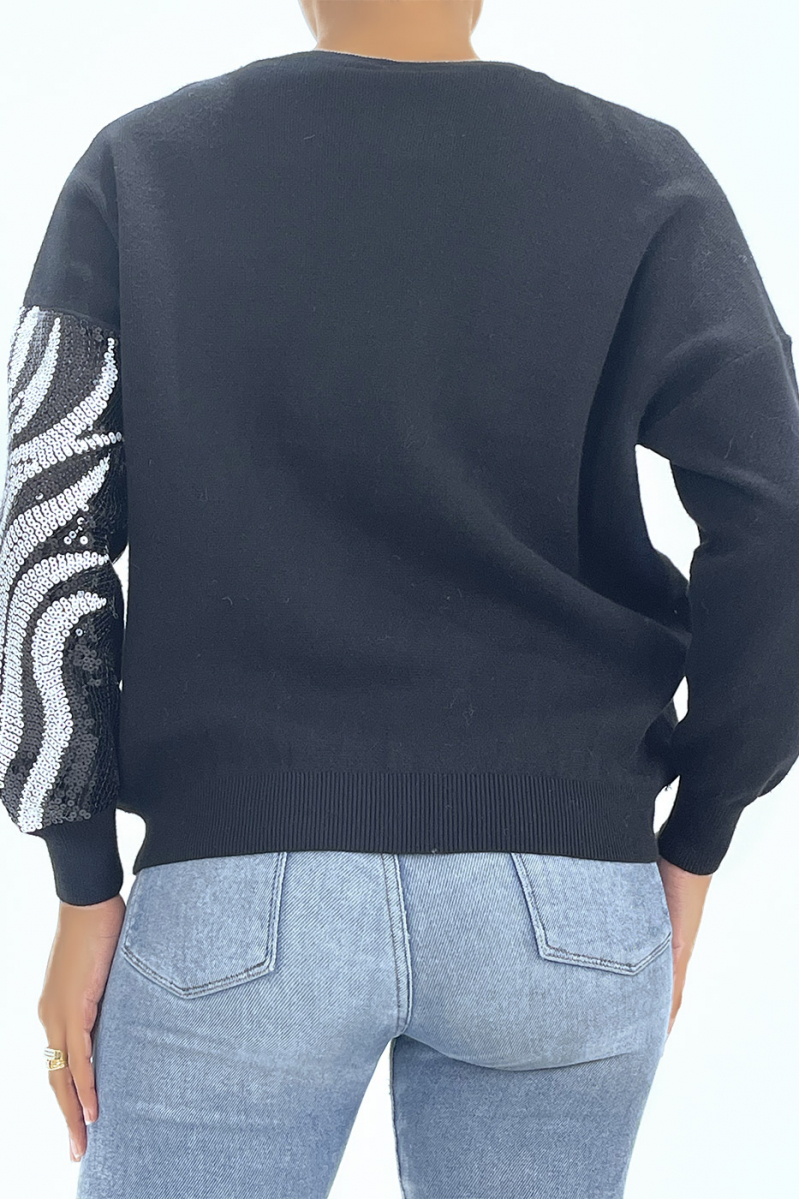 Zwarte gezwollen trui met zebrapatroon in pailletten - 2