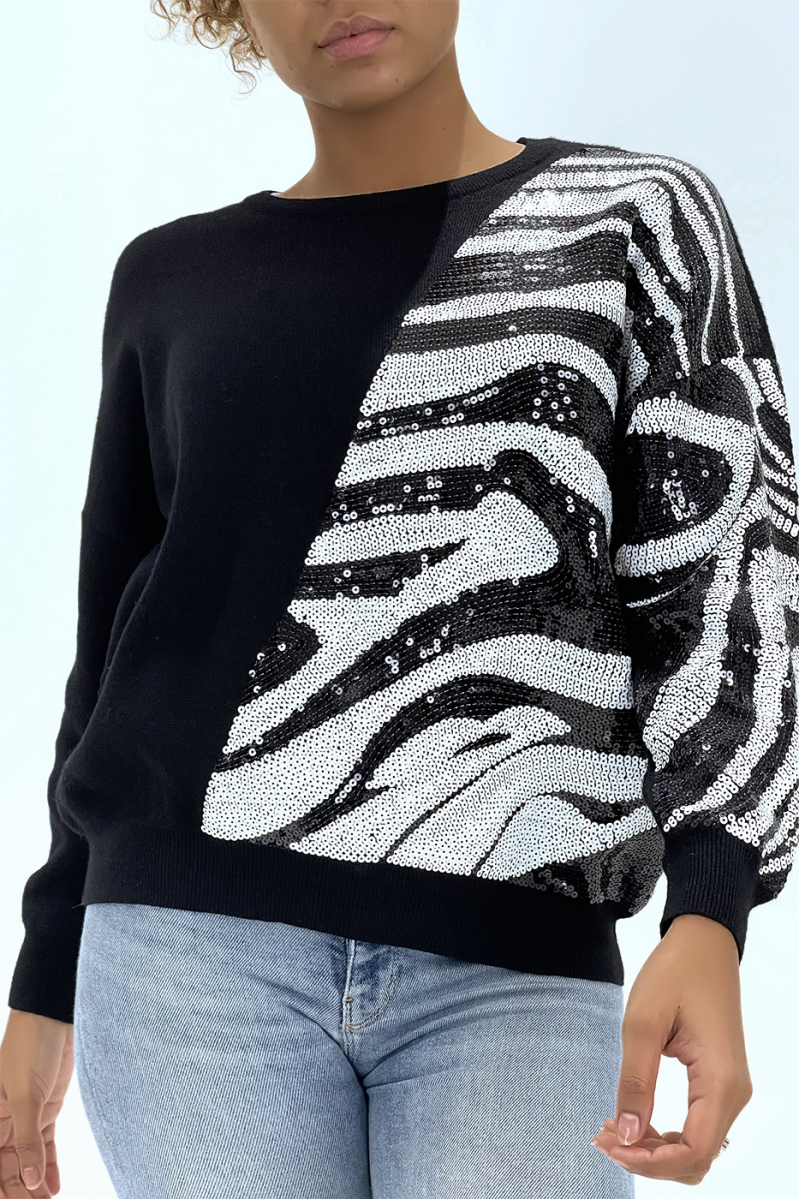 Black puffy jumper with zebra pattern in sequins - 3