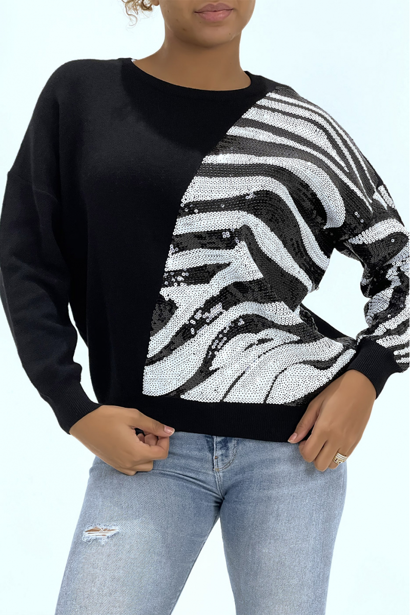 Black puffy jumper with zebra pattern in sequins - 4
