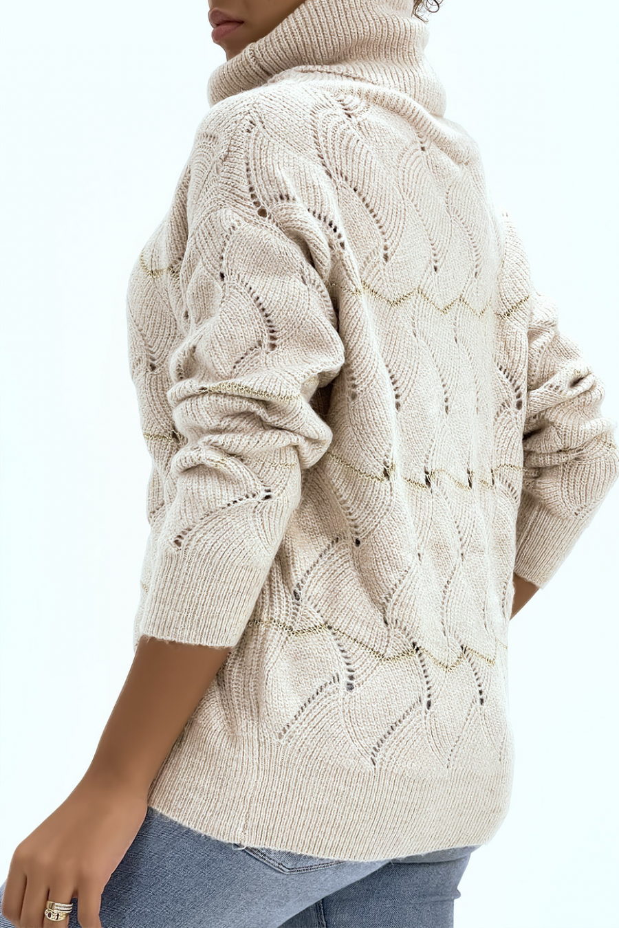 Dikke beige coltrui met opengewerkte details en pailletten - 1