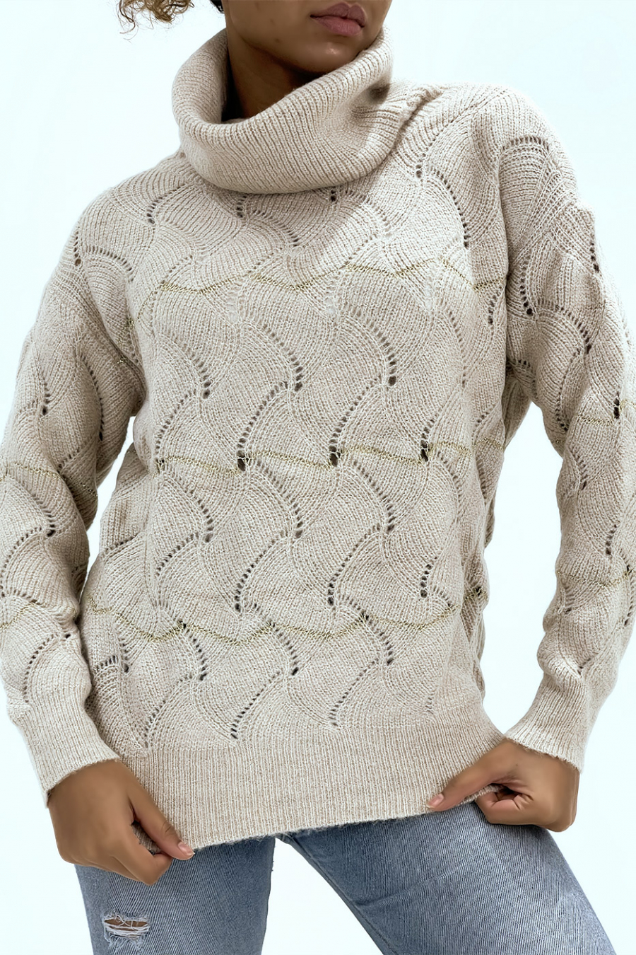 Pull col roulé épais beige à détails ajouré et paillettes - 4