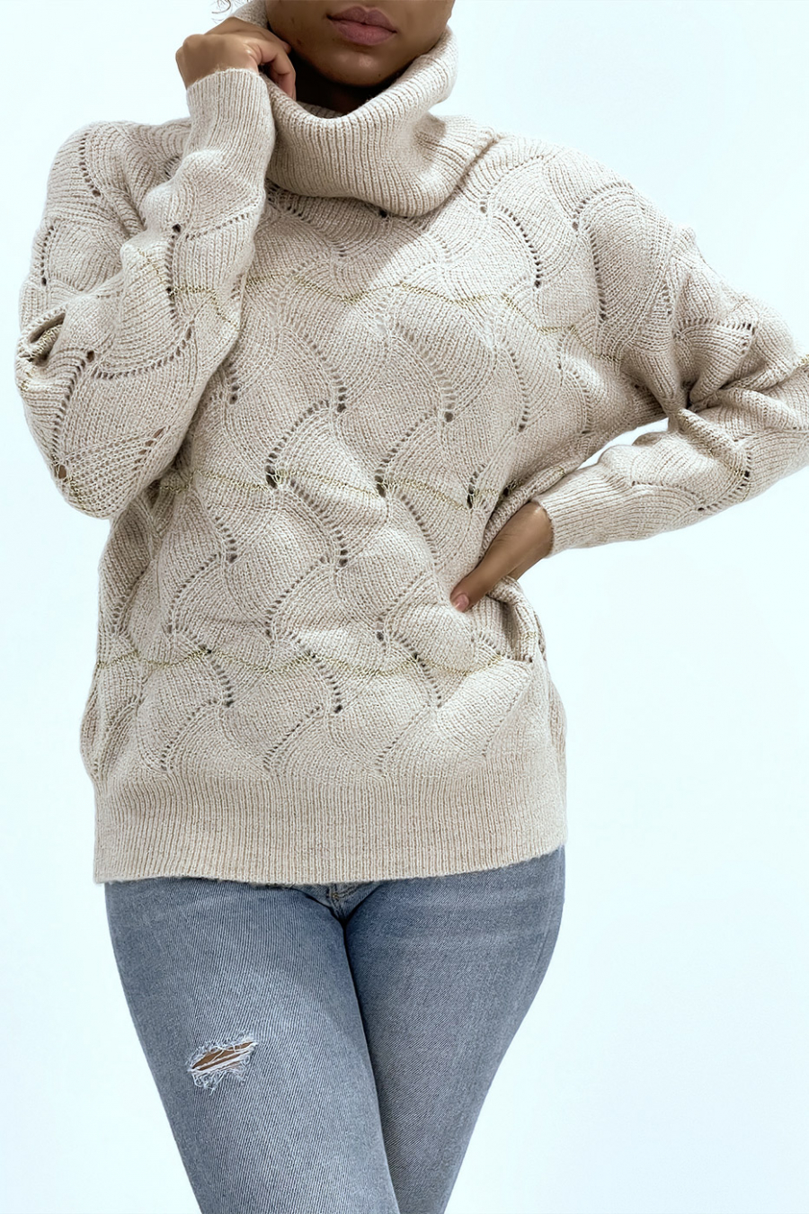 Dikke beige coltrui met opengewerkte details en pailletten - 5