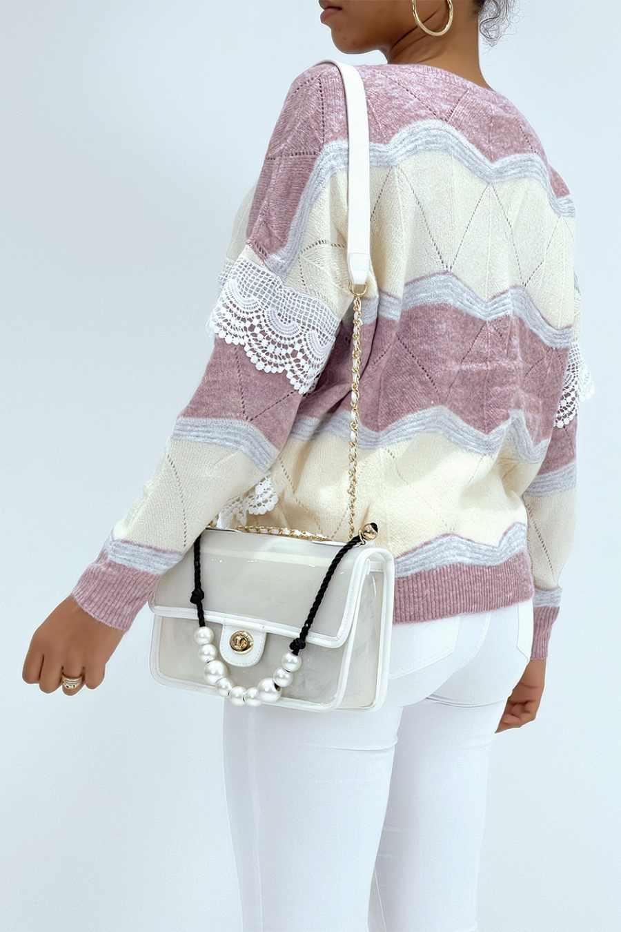 Soft two-tone purple and beige sweater with lace details - 1