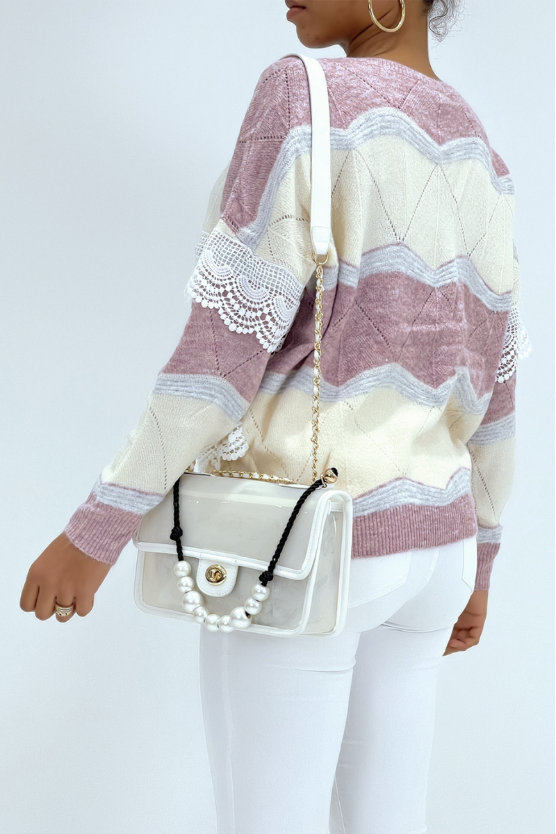 Soft two-tone purple and beige sweater with lace details - 1