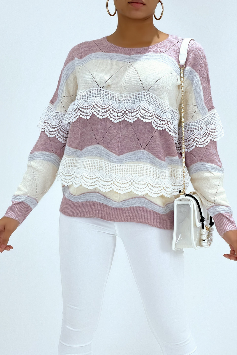 Soft two-tone purple and beige sweater with lace details - 2
