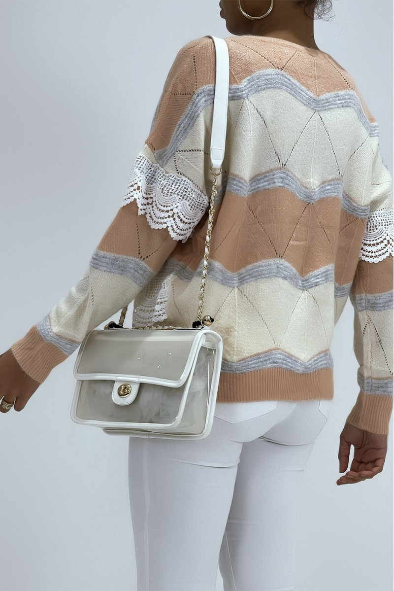 Pull bicolore doux rose et beige à détails dentelle - 3
