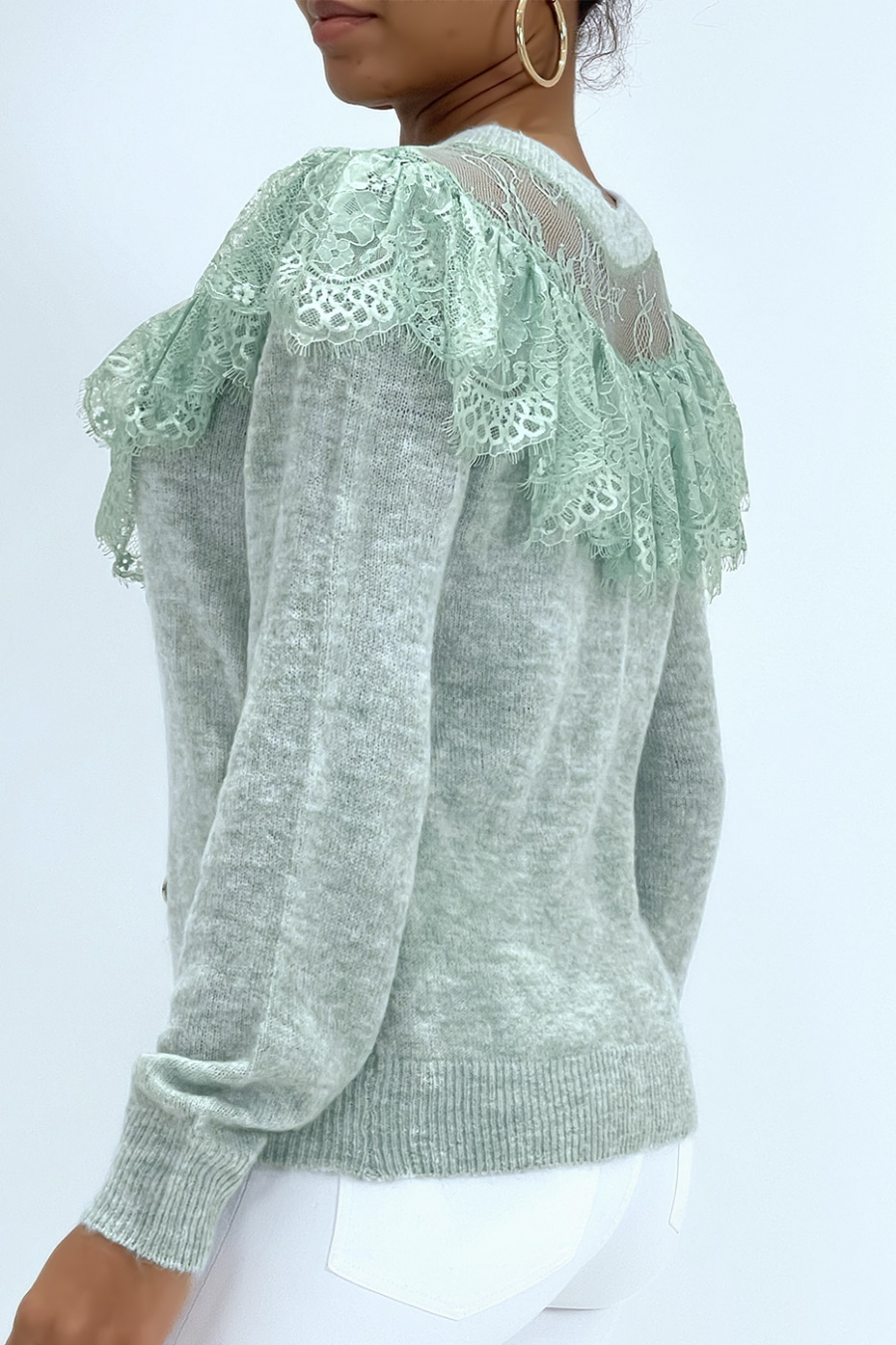 Gilet chic vert en dentelle et à volants - 3