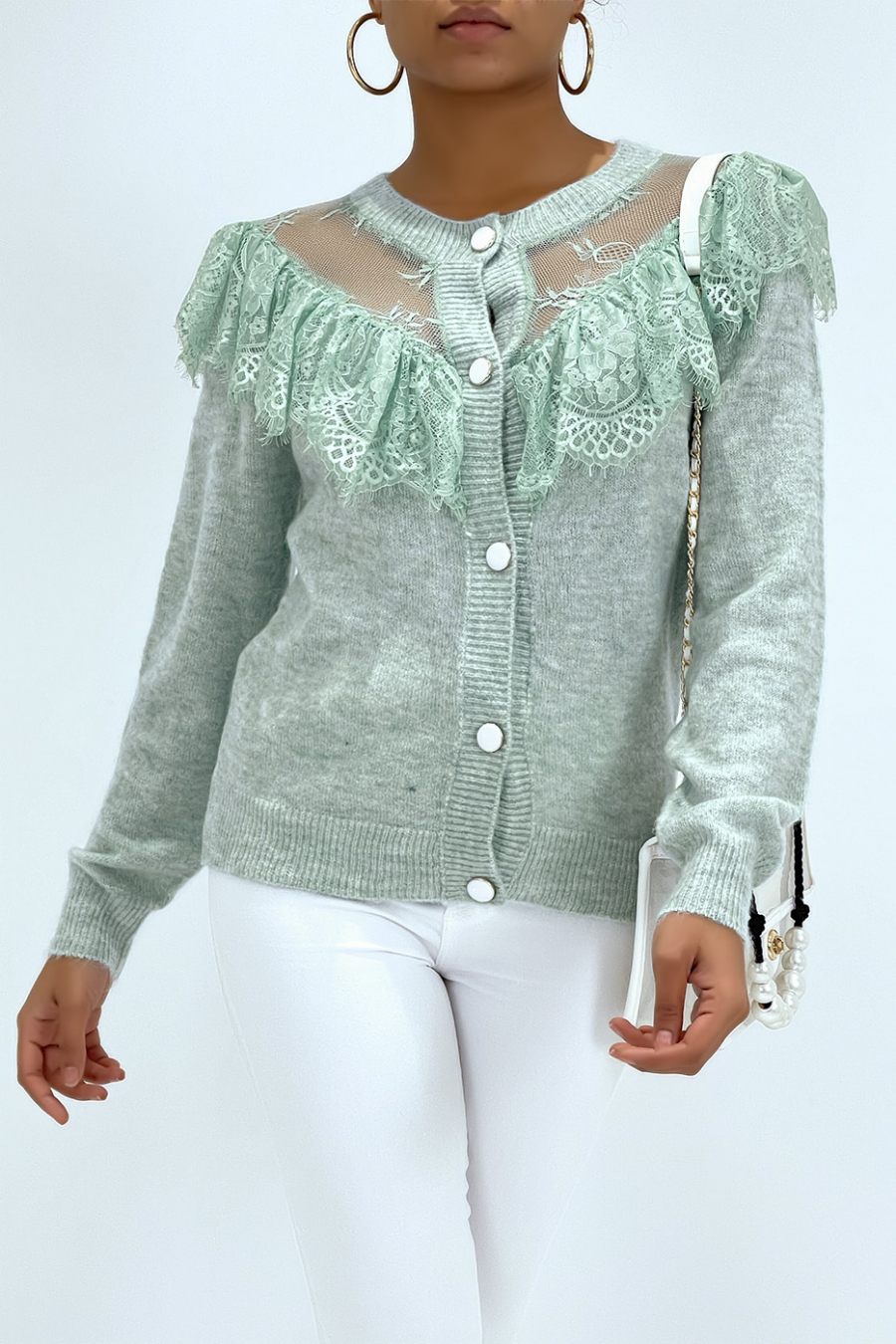 Gilet chic vert en dentelle et à volants - 5