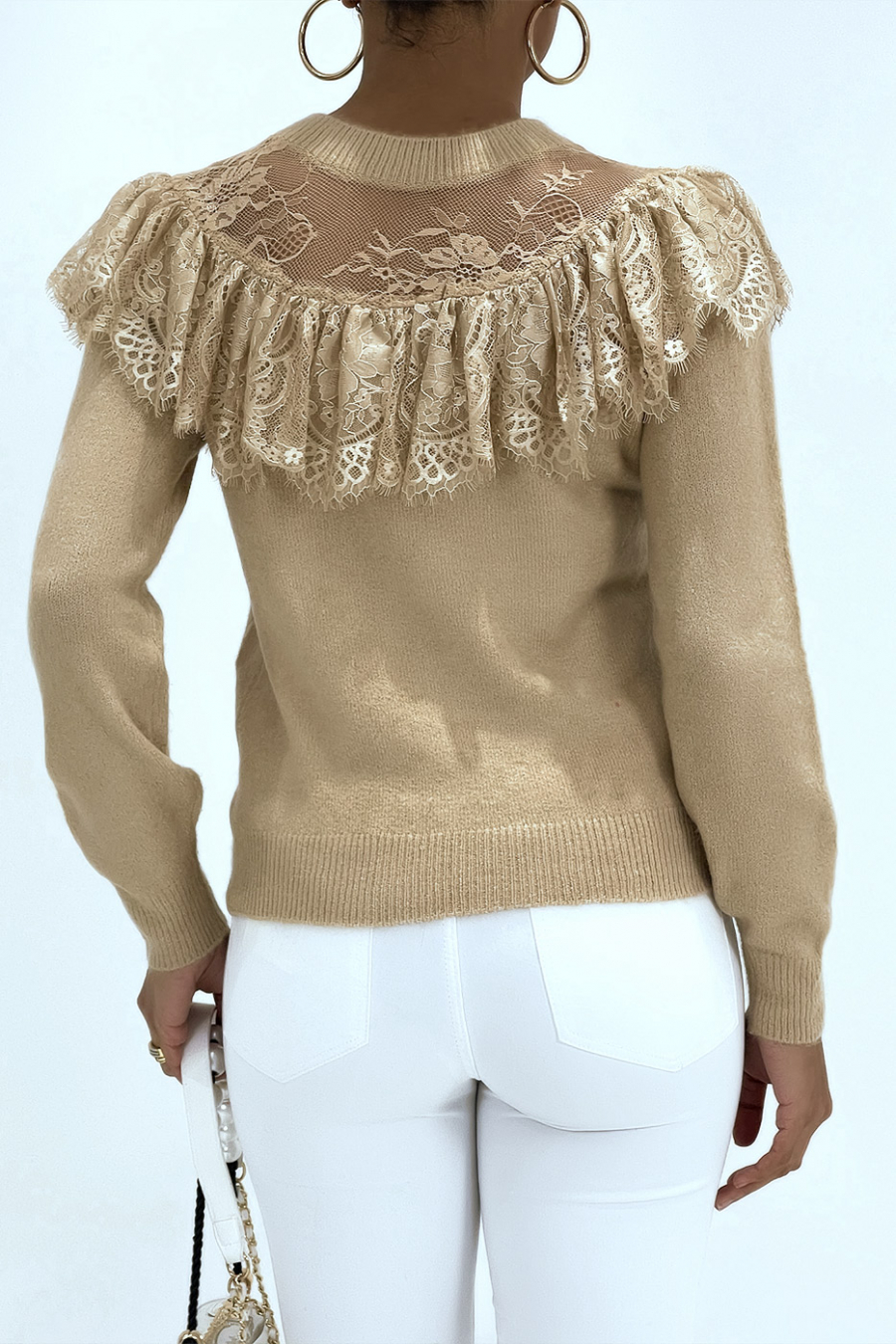 Gilet chic taupe en dentelle et à volants - 2