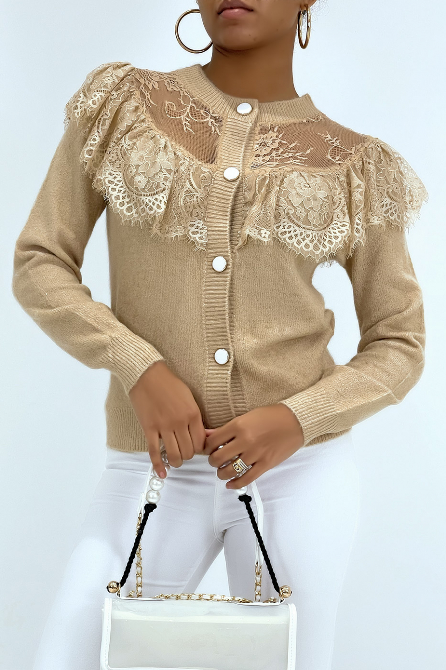 Gilet chic taupe en dentelle et à volants - 3