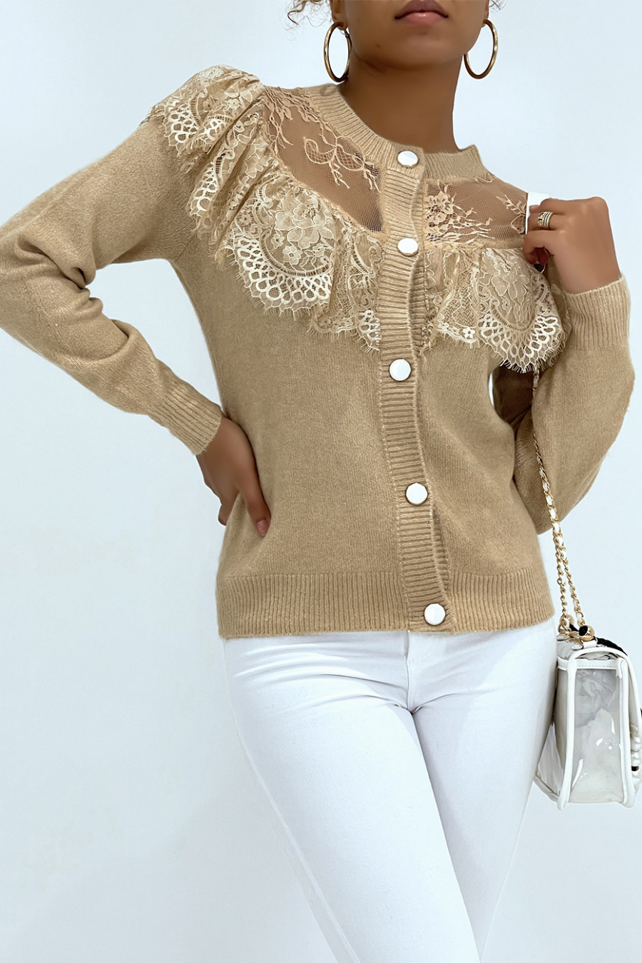 Gilet chic taupe en dentelle et à volants - 4
