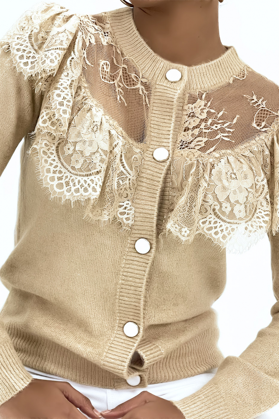 Gilet chic taupe en dentelle et à volants - 6