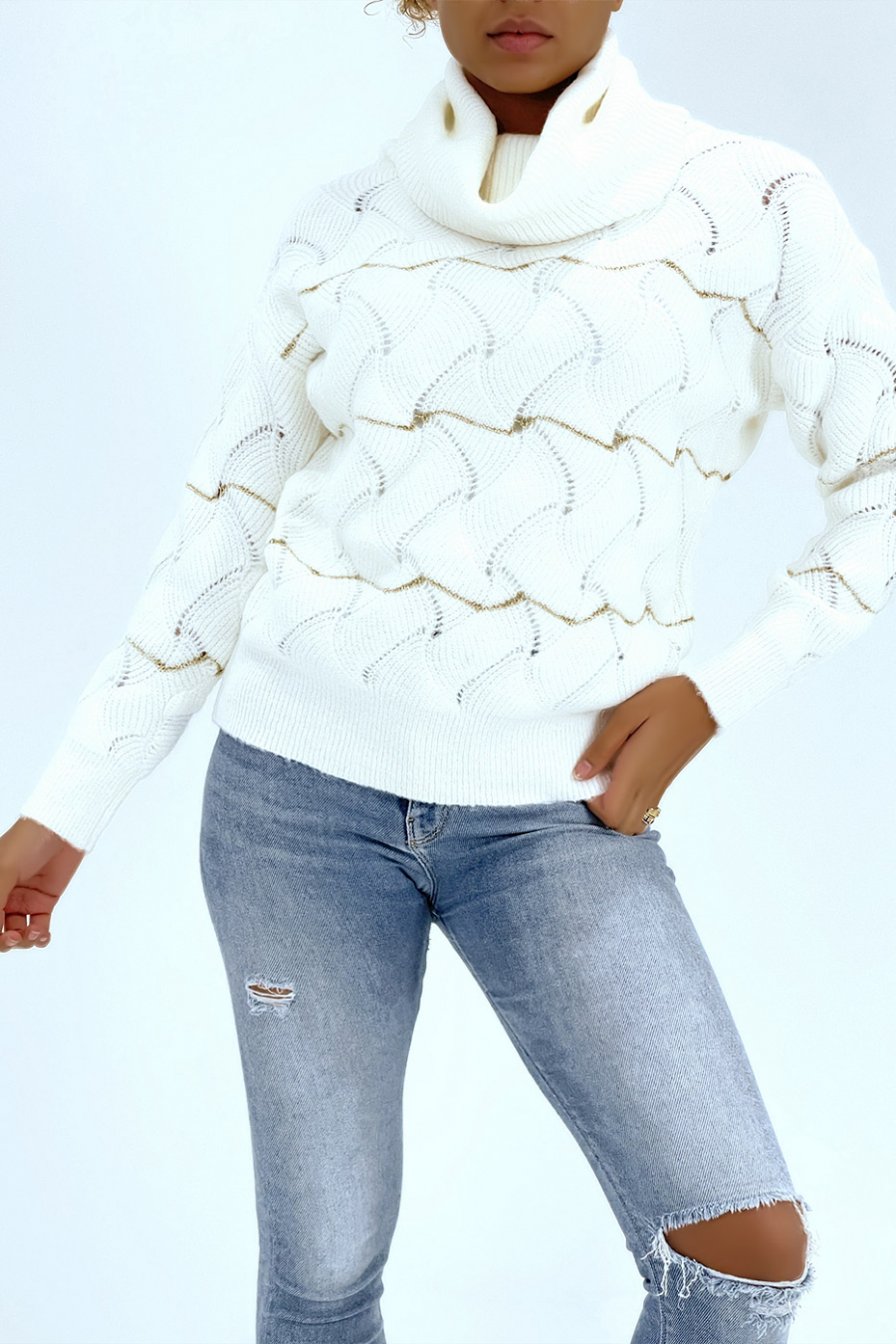 Pull col roulé épais blanc à détails ajouré et paillettes - 5