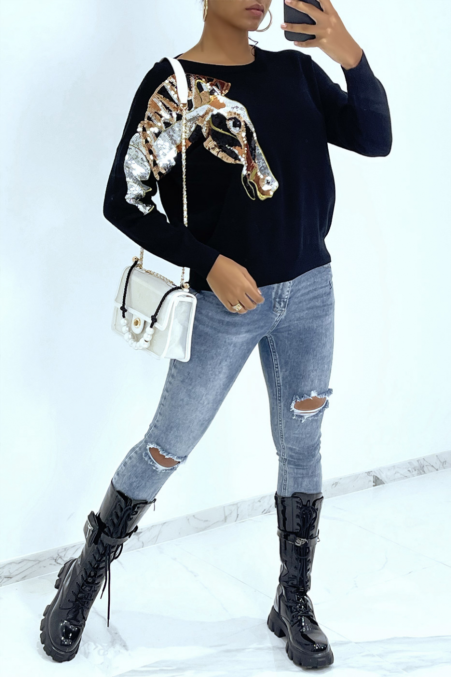 Black sequined horse pattern sweater - 4